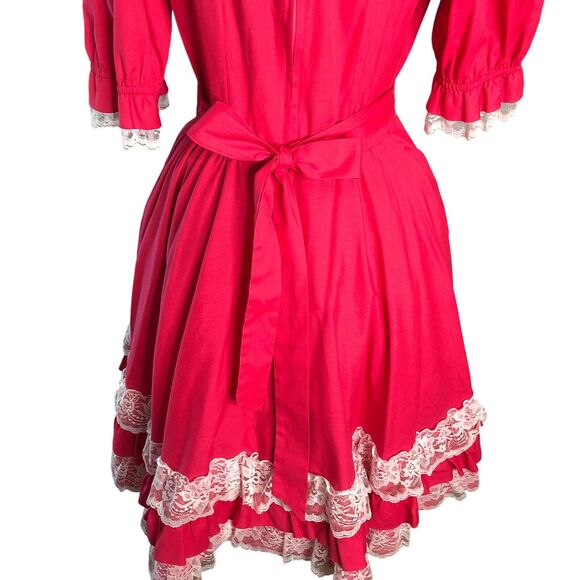 Vintage Square Dance Dress Red Lace Yoke Hand Sewn Circle Skirt Rockabilly - Picture 5 of 13